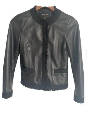 Massimo Dutti Black Leather Jacket with Fringe Trim